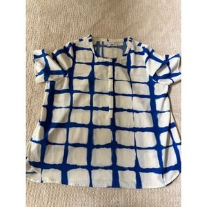 Adam Lippes for Target Womens XL Blue White Grid Print Short Sleeve Blouse Top